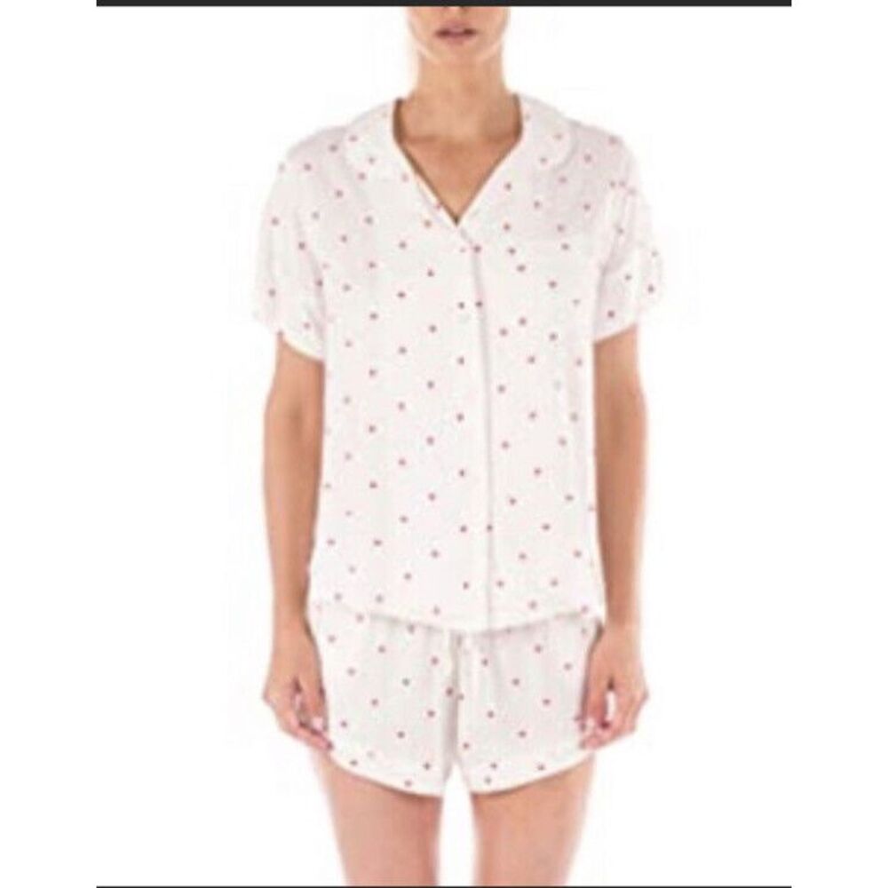 PLUSH Woman's PJ Short Set Heart Print Short Sleeve Ultra Soft White SZ S